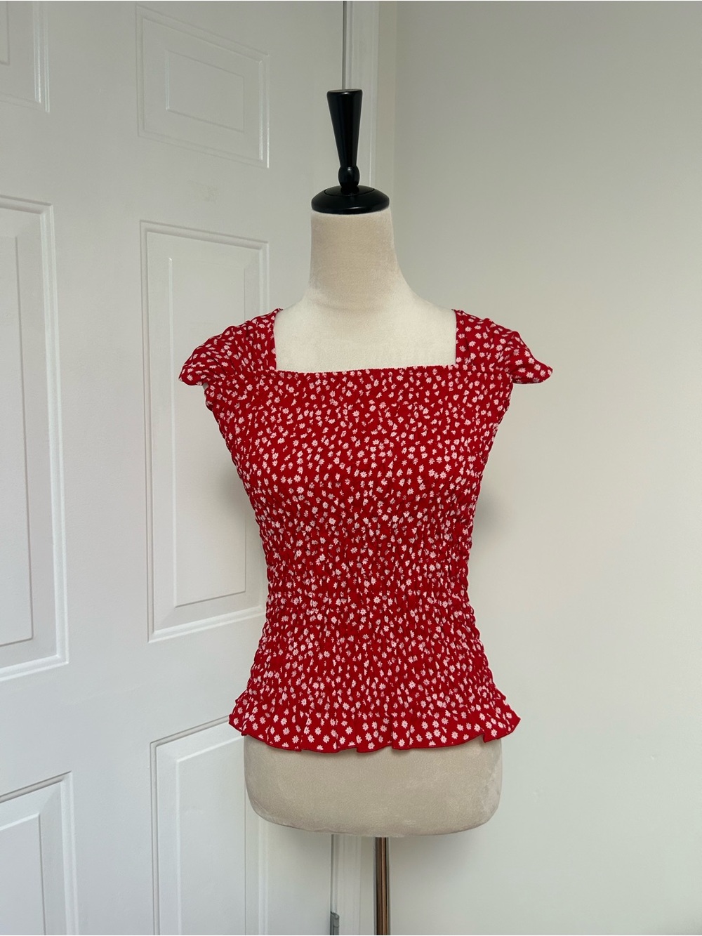 SHEIN Red White Square Neck Smocked Dot Top